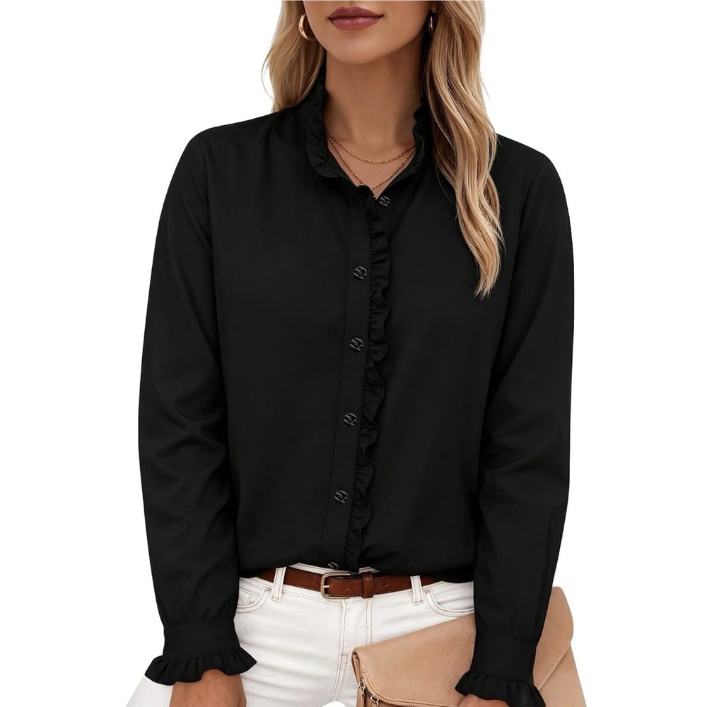 A-0007-Womens Ruffle Stand Collar Button Down Shirt Long Sleeve Black Blouse Top